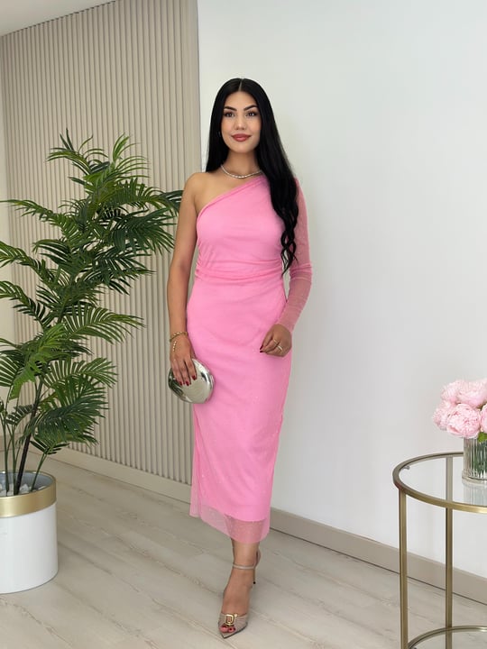 Omuz Dekolteli Taşlı Tül Elbise Pembe