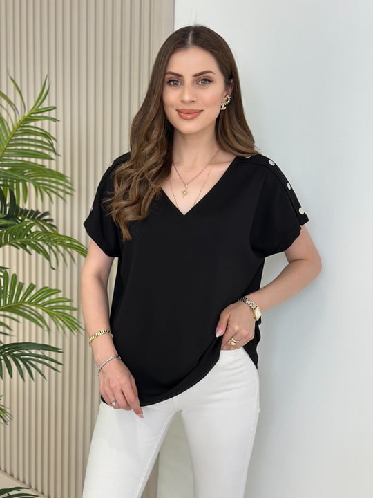 Omuzları Çıtçıt Detaylı V Yaka Modal Kumaş Tshirt Siyah