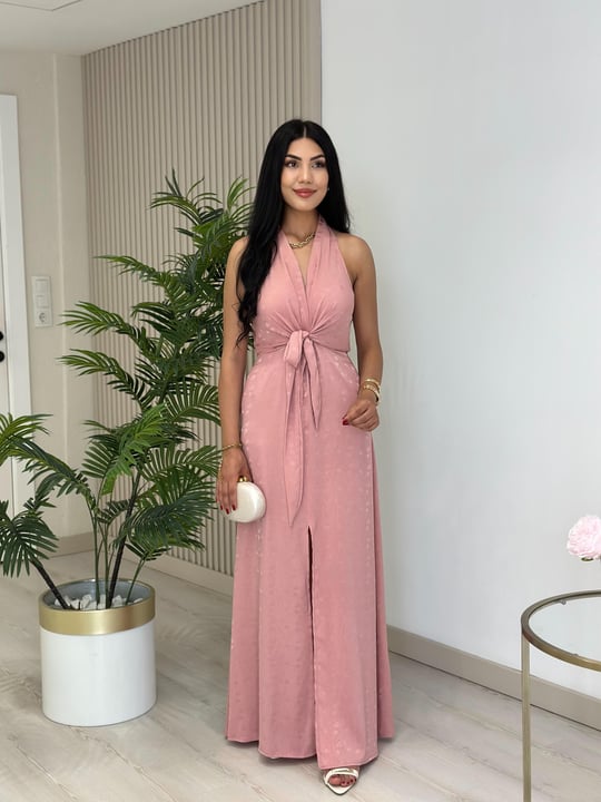 Önden Yırtmaçlı Bağcıklı Elbise Pudra