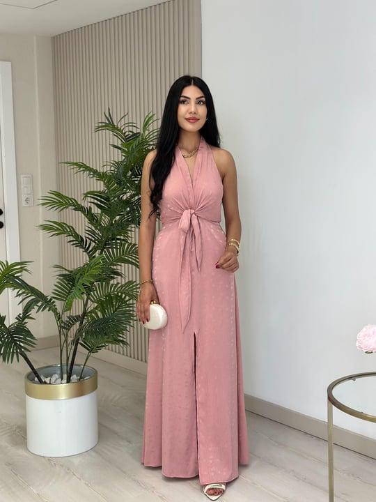 Önden Yırtmaçlı Bağcıklı Elbise Pudra