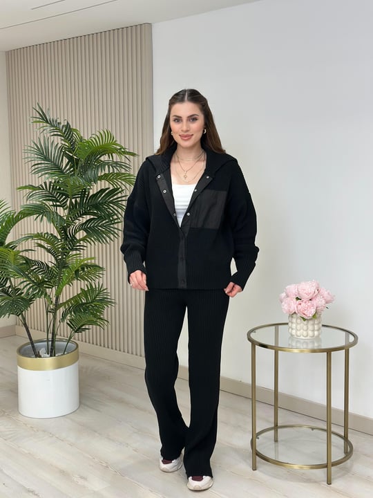 Paraşüt Detaylı Tasarım Triko Takım Siyah