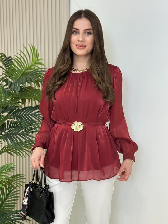 Parlak Şifon Kumaş Beli Gold Toka Detaylı Kuşaklı Bluz Bordo