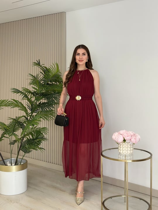 Piliseli Gold Toka Kemerli Elbise Bordo