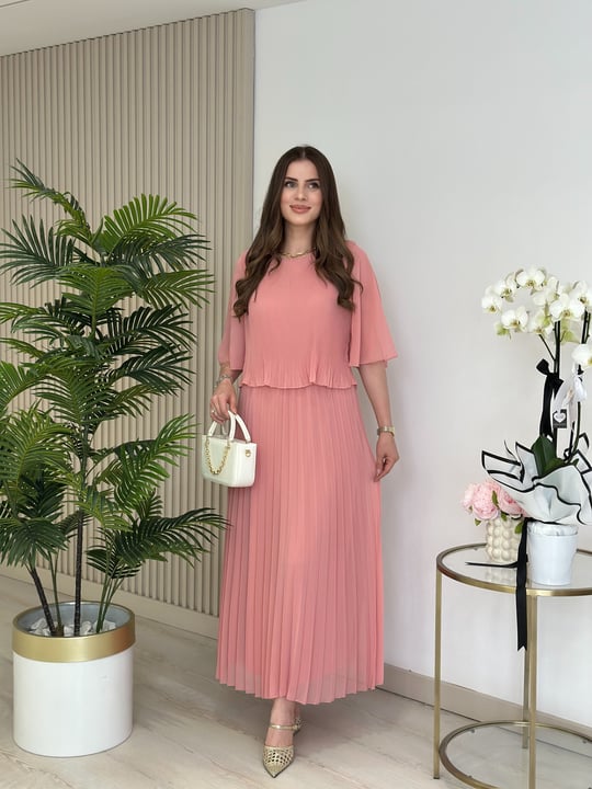 Piliseli İspanyol Kol Şifon Beli Lastikli Elbise Pembe