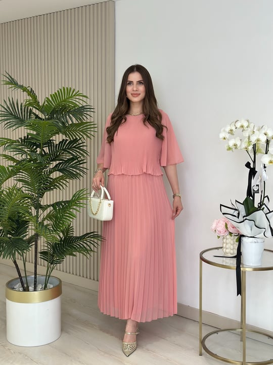 Piliseli İspanyol Kol Şifon Beli Lastikli Elbise Pembe