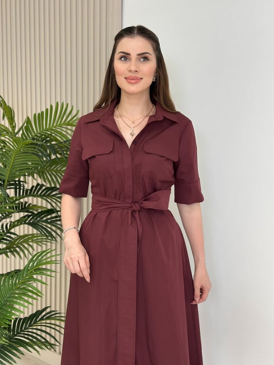 Poplin Kumaş Kuşaklı Gömlek Elbise Bordo