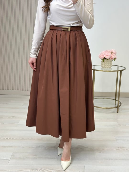 Poplin Kumaş Uzun Cepli Etek Tarçın