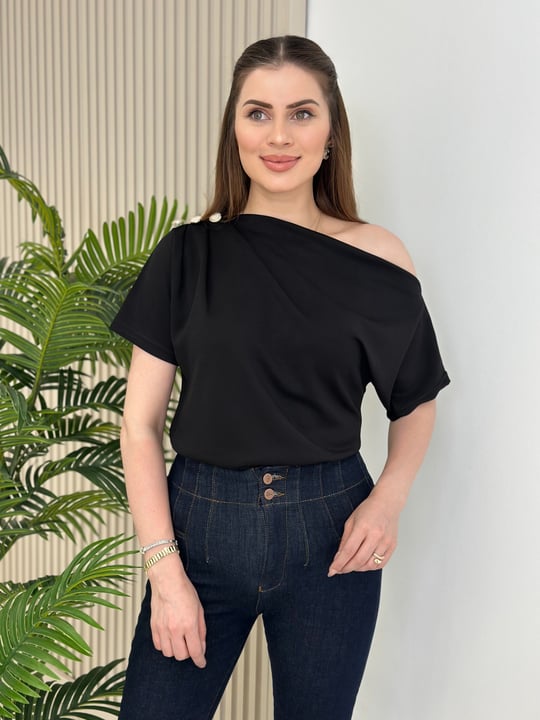 Tek Omzu Dekolteli Gold Düğmeli Modal Kumaş Tshirt Siyah
