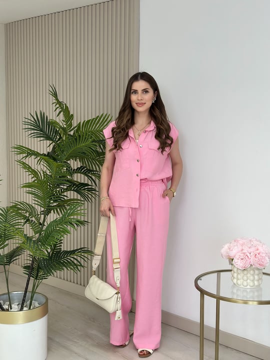 Tensel Kumaş Çıtçıt Detaylı Takım Pembe