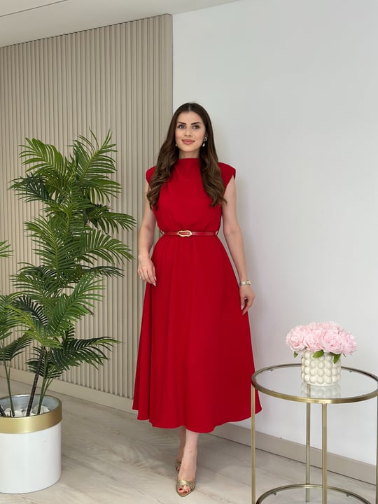 Vatkalı Drape Detaylı Kemerli Elbise Kırmızı