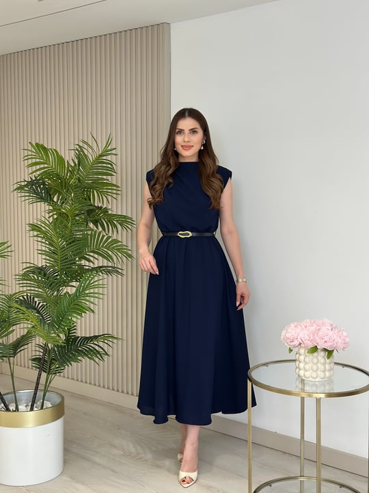 Vatkalı Drape Detaylı Kemerli Elbise Lacivert