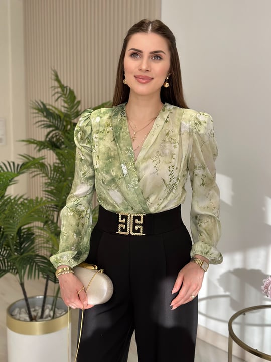 Yeşil Çiçek Desenli İpek Krep Bodysuit