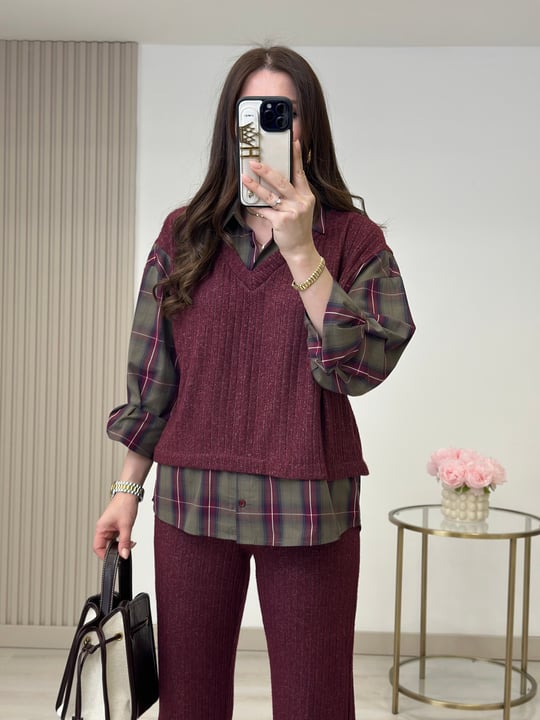 Yumoş Gömlek Detaylı Takım Bordo