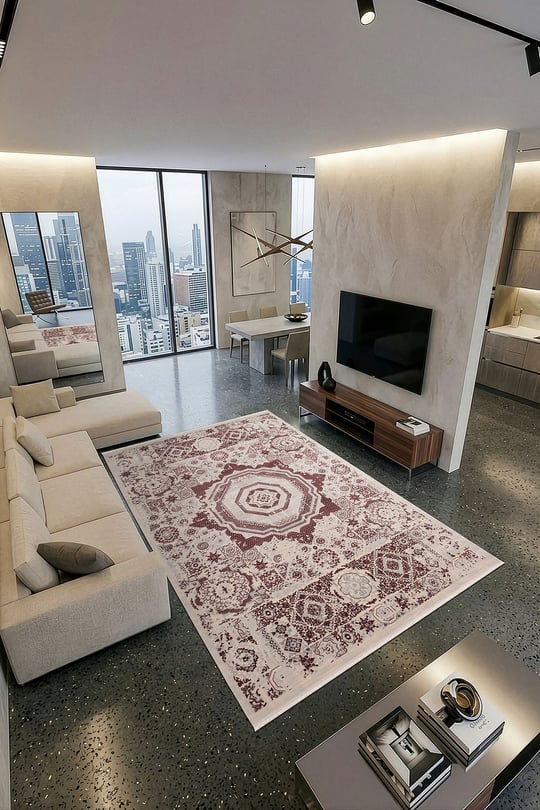 İpeksi IP026L Gri Bordo Klasik Göbekli Modern Desen Pamuk Taban Salon Mutfak Halısı Tozu Yok