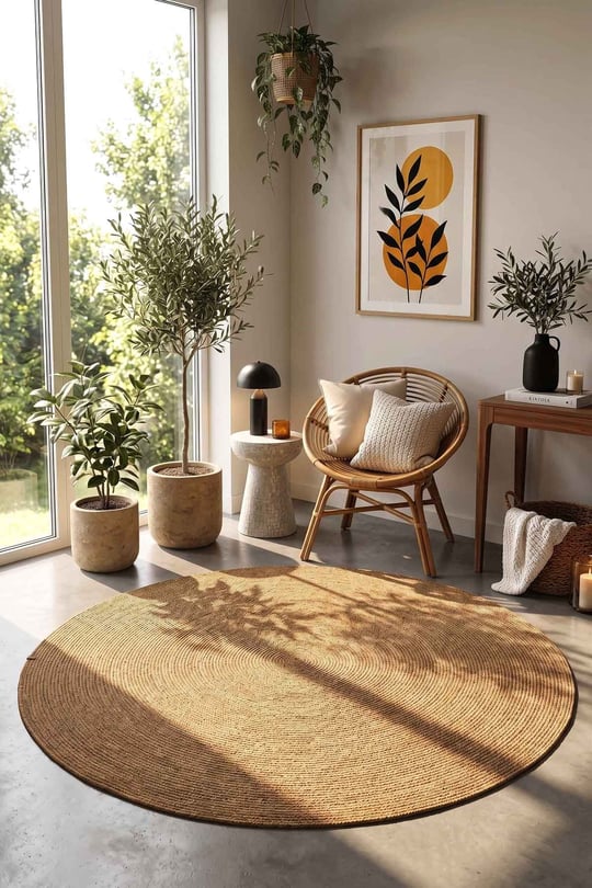 Nostera Örgü Hasır Görünümlü Yuvarlak Daire Dekoratif Kilim