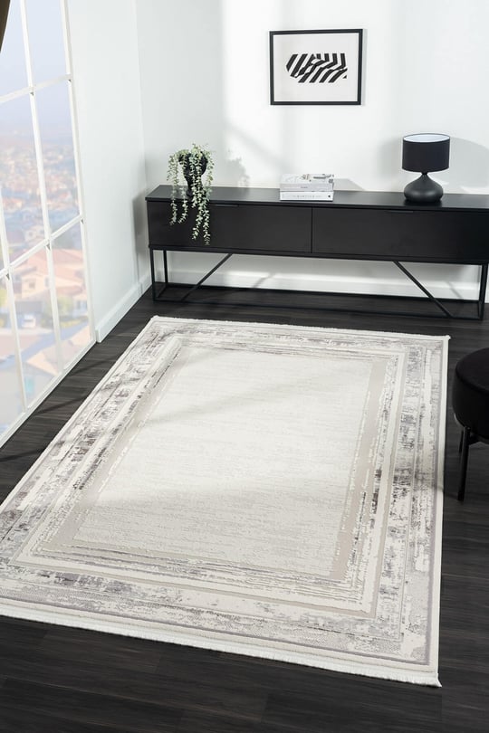 Feel FL003A Beyaz Halı Modern Çerçeve Desenli Akrilik Pamuk Taban