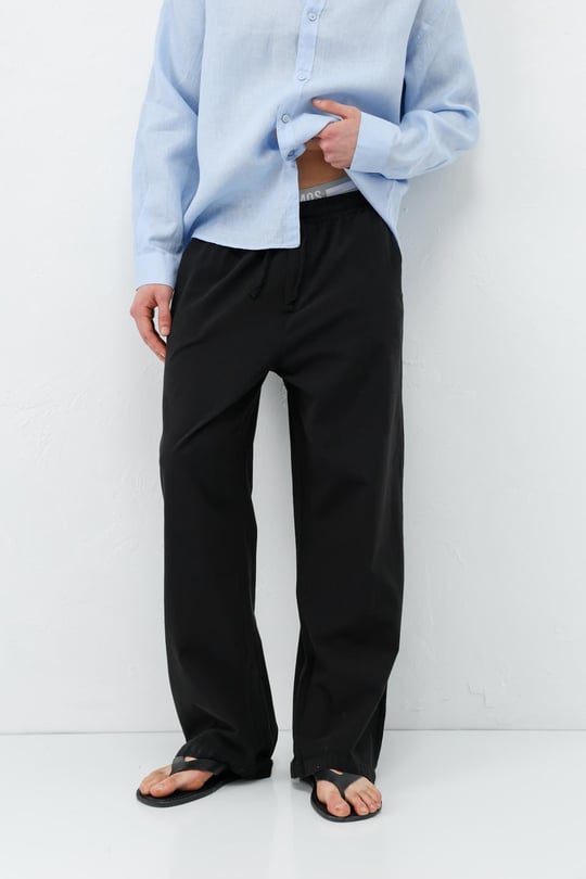 Bel Lastikli Baggy Fit Keten Pantolon Siyah
