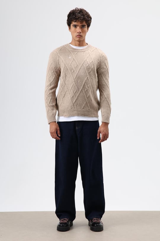 Oversize Desenli Triko Kazak Bej