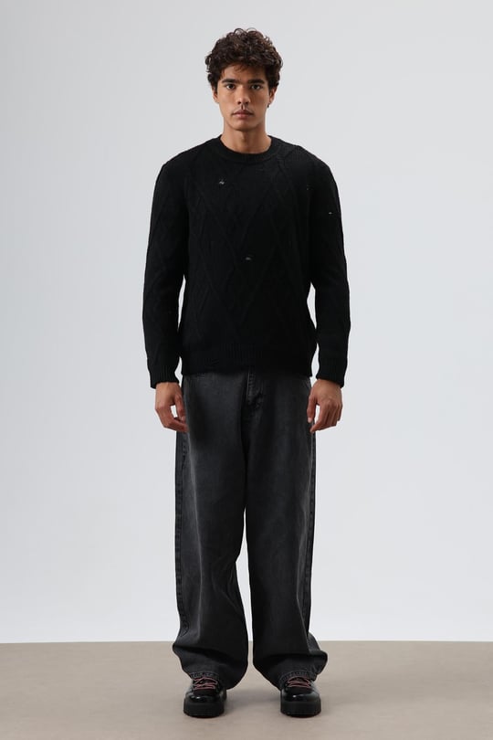 Oversize Desenli Triko Kazak Siyah