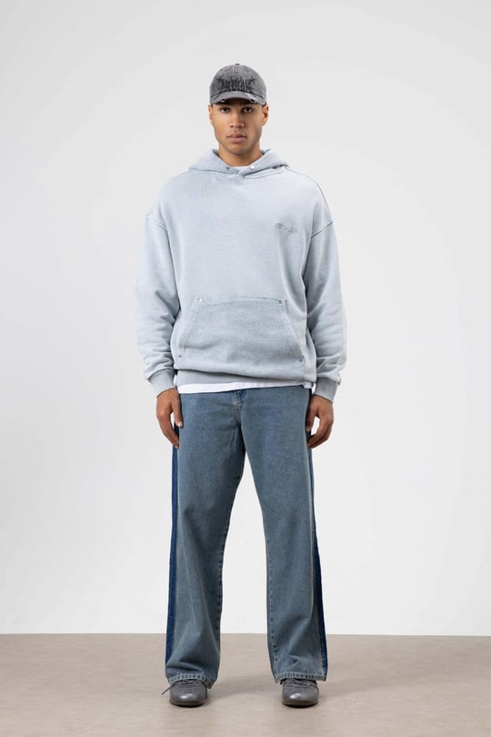 Oversize Yıkamalı Baskılı Kapüşonlu Sweatshirt Gri