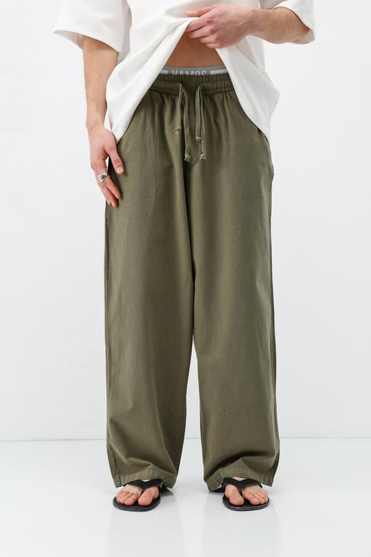 Super Baggy Fit Keten Pantolon Haki
