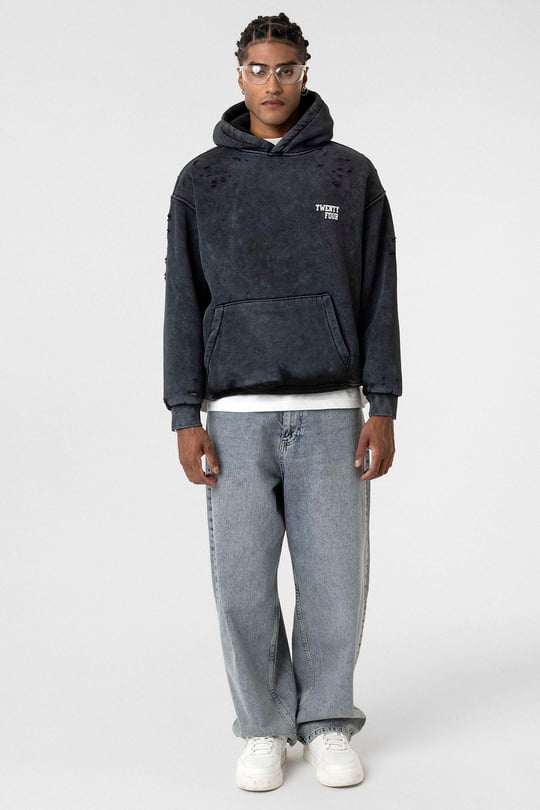 Yıkamalı Yazı Detaylı Oversize Sweatshirt Siyah