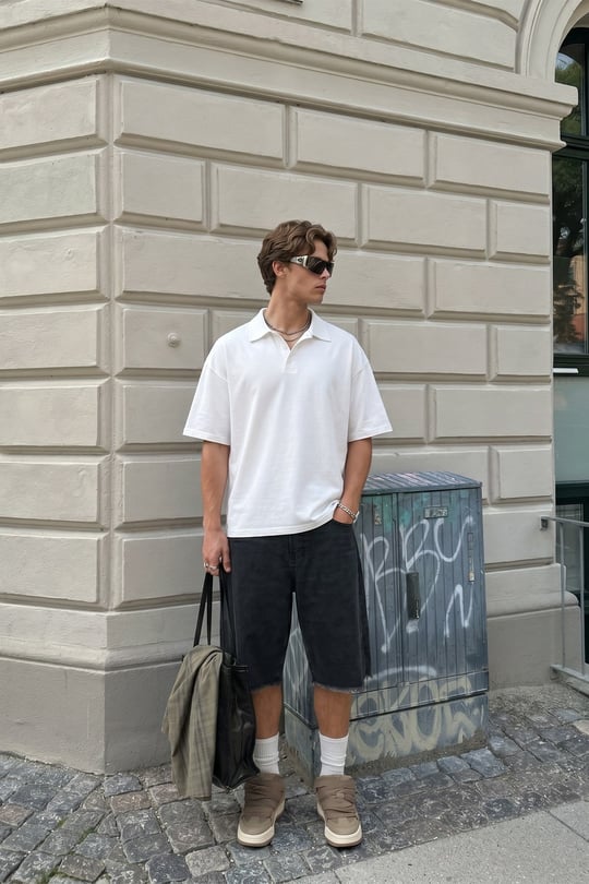 Basic Polo Yaka Oversize Tişört Ekru