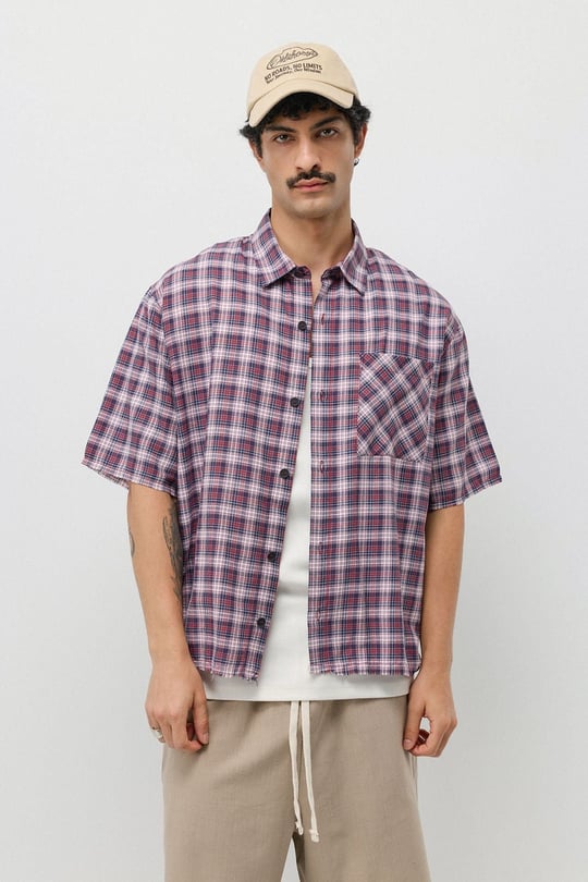 Boxy Fit Ekose Kısa Kollu Gömlek Bordo