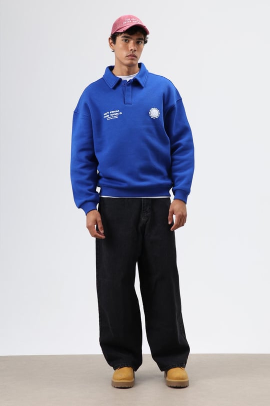 Polo Yaka Oversize Baskılı Yıkamalı Sweatshirt Saks