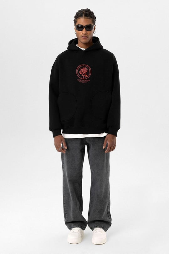 Cep Detaylı Baskılı Overıze Sweatshirt Siyah