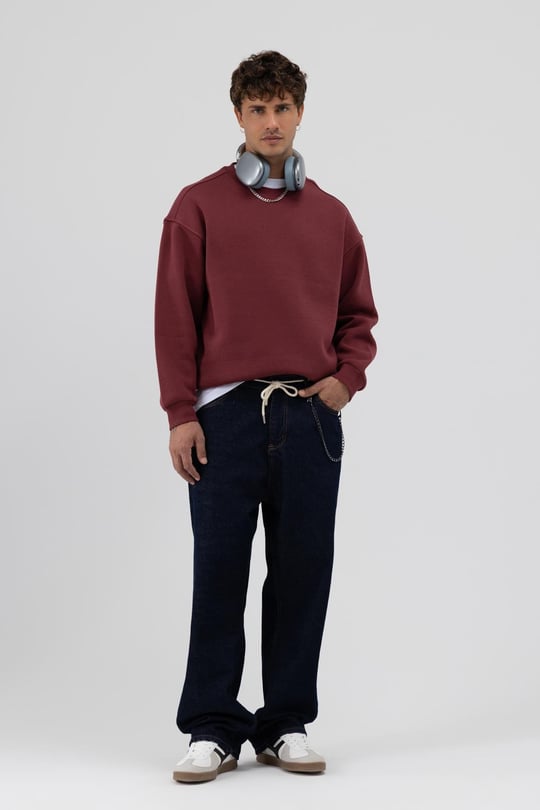 Basic Bisiklet Yaka Oversize Sweatshirt Bordo