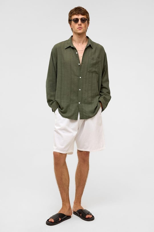 Oversize Çizgili Uzun Kollu Keten Gömlek Haki