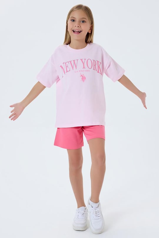 U.S. Polo Assn Kız Çocuk  2 li Şort T-şhirt Takım Koyu Pembe