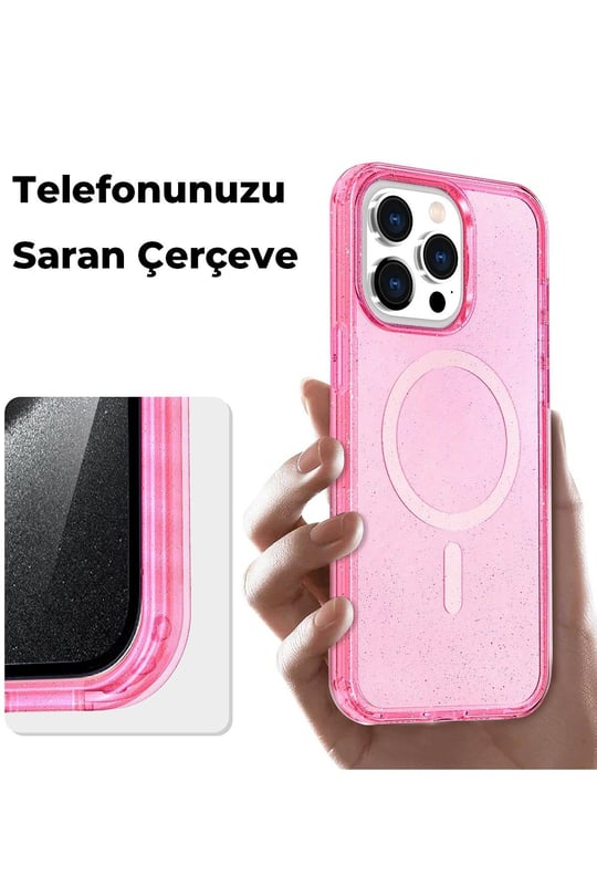 Apple iPhone 14 Pro Max Kılıf Glow Magsafe Kapak - Simli Pembe