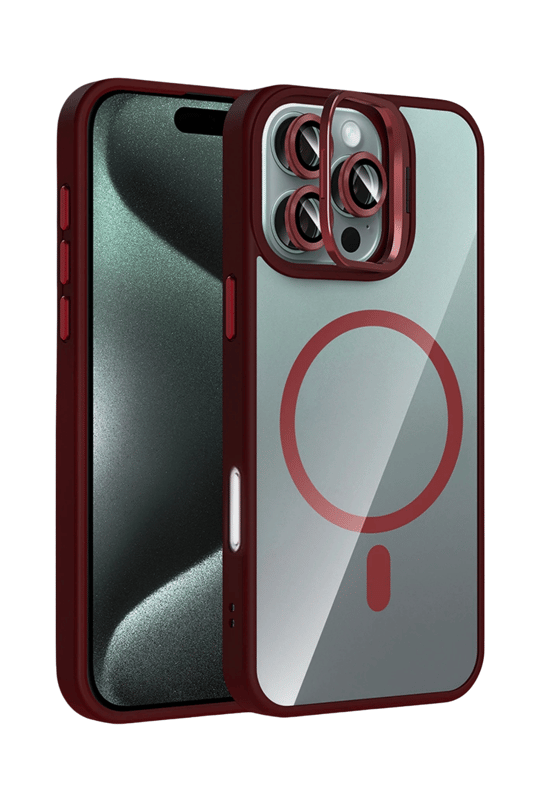 Apple iPhone 15 Pro Max Remim Lensli MagSafe Standlı Darbe Korumalı Kılıf – Bordo