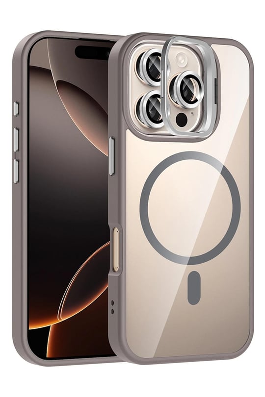 Apple iPhone 16 Pro Max Remim Lensli MagSafe Standlı Darbe Korumalı Kılıf – Titan Gri