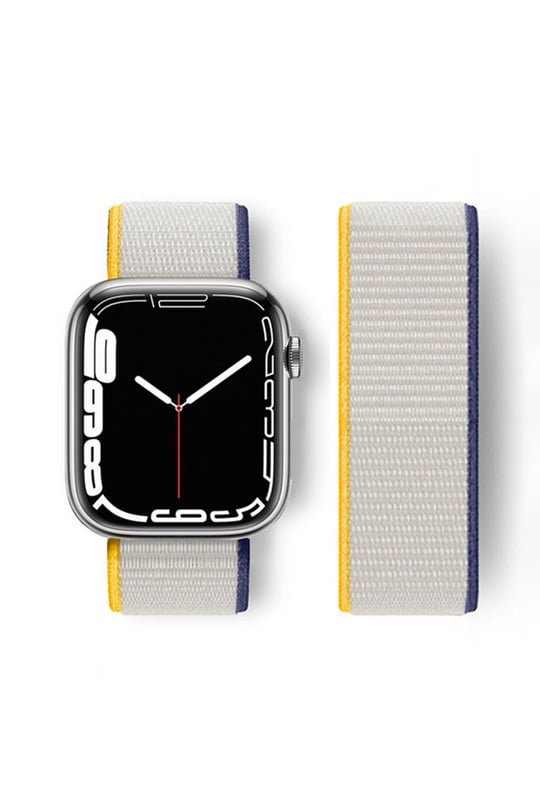 HASIR BEZ KORDONLARNEWFACEHSR19Apple Watch 42mm / 44mm / 45mm / 46mm / 49mm Hasırlı Cırtcırtlı Kordon - Sarı-Beyaz