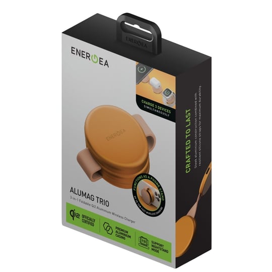 Energea AluMag Trio 3in1 Qi2 Kablosuz Şarj Standı 15W Katlanabilir Manyetik (iPhone, Apple Watch, AirPods) – Turuncu