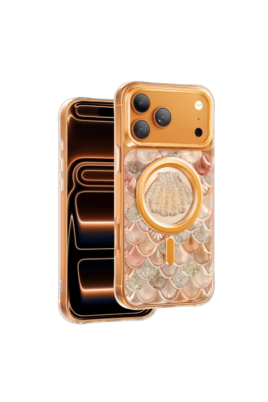 Keephone iPhone 17 Pro MagSafe Uyumlu Iceland Simli Şeffaf Telefon Kılıfı – Turuncu