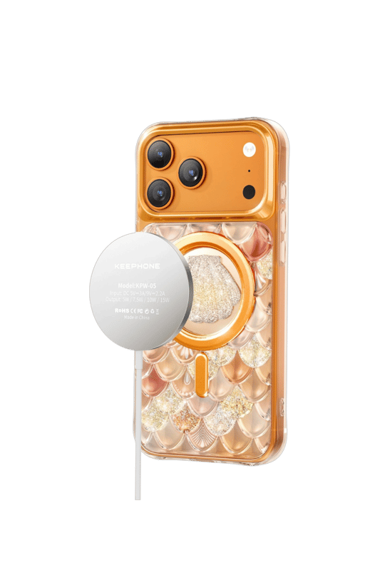 Keephone iPhone 17 Pro MagSafe Uyumlu Iceland Simli Şeffaf Telefon Kılıfı – Turuncu