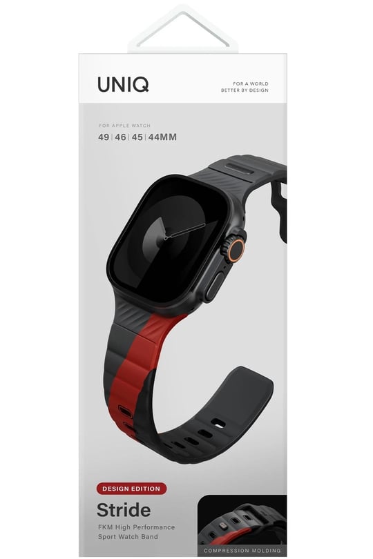 Uniq Apple Watch 42mm / 44mm / 45mm / 46mm / 49mm Stride Rubber FKM Designer Edition Silikon Kordon - Siyah-Kırmızı