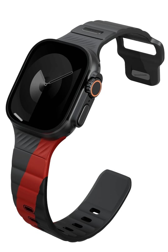 Uniq Apple Watch 42mm / 44mm / 45mm / 46mm / 49mm Stride Rubber FKM Designer Edition Silikon Kordon - Siyah-Kırmızı