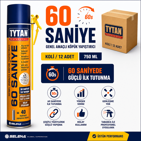 Tytan 60 Saniye PU Yapıştırma Köpüğü 750 ML – Hızlı Güçlü YapışmaTytanTytan 60 Saniye Genel Amaçlı Köpük Yapıştırıcı Tabancalı 750ML-(12 Adet)TYT-60S-GUN-870