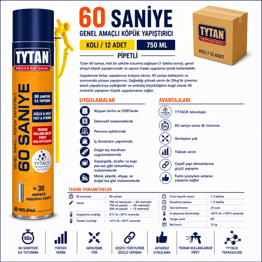 Tytan 60 Saniye PU Yapıştırma Köpüğü 750 ML – Hızlı Güçlü YapışmaTytanTytan 60 Saniye Genel Amaçlı Köpük Yapıştırıcı Pipetli 750ML-(12 Adet)TYT-60S-STR-870