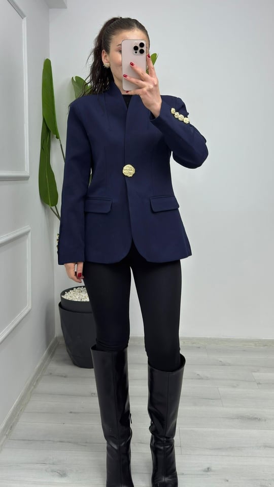 1171 Gold Düğme Detaylı Blazer Ceket Lacivert