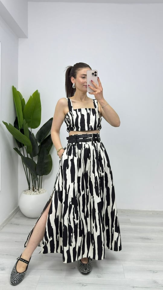 580423 Yüksek Bel Etek Crop Bluz Takım Siyah