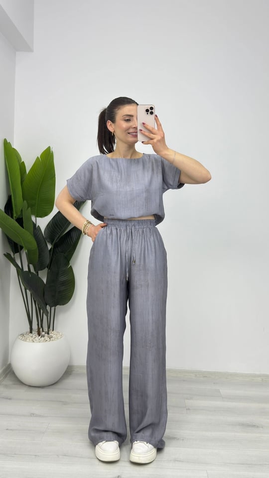 580450 Tencel Pantolon Bluz Takım Gri