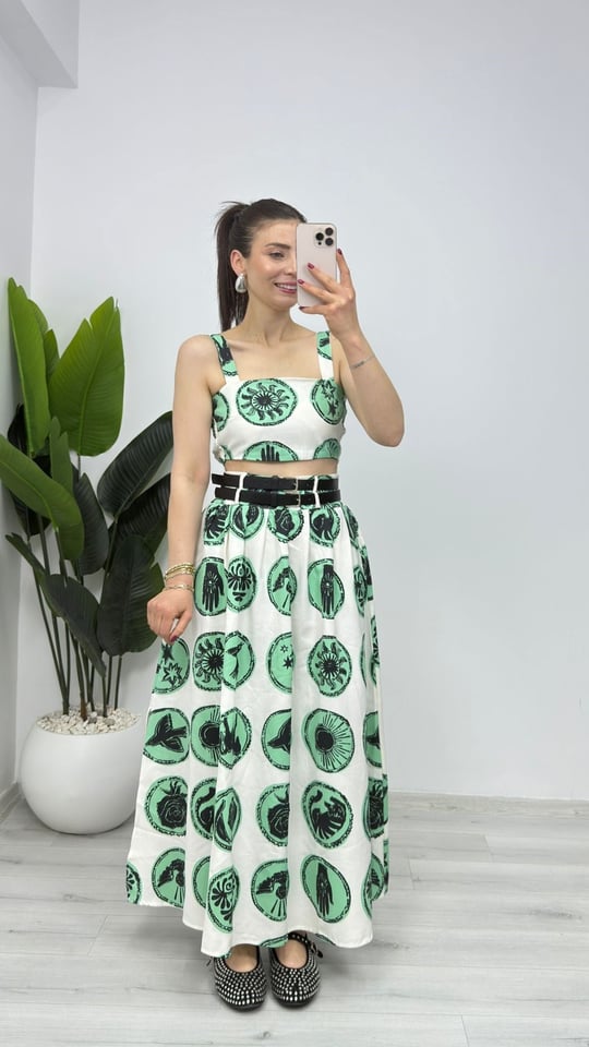58417 Yüksek Bel Etek Crop Bluz Takım Yeşil