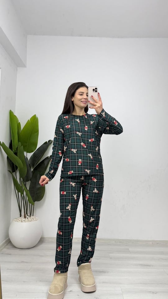 PJ14 Süet Ayıcık Desen Pijama Takımı Fit Kalıp Yeşil