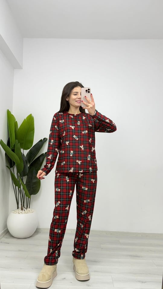PJ14 Süet Ayıcık Desen Pijama Takımı Fit Kalıp Kırmızı